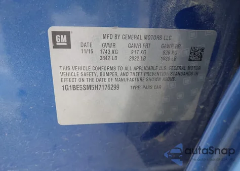 2017 Chevrolet Cruze Lt Auto z USA, uszkodzony, nr VIN 1G1BE5SM5H7176299